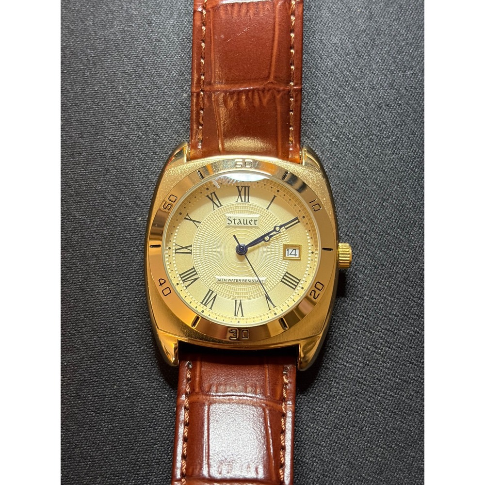 Stauer TimeMaster Piezo Mens Gold Brown Leather Strap Dress Watch